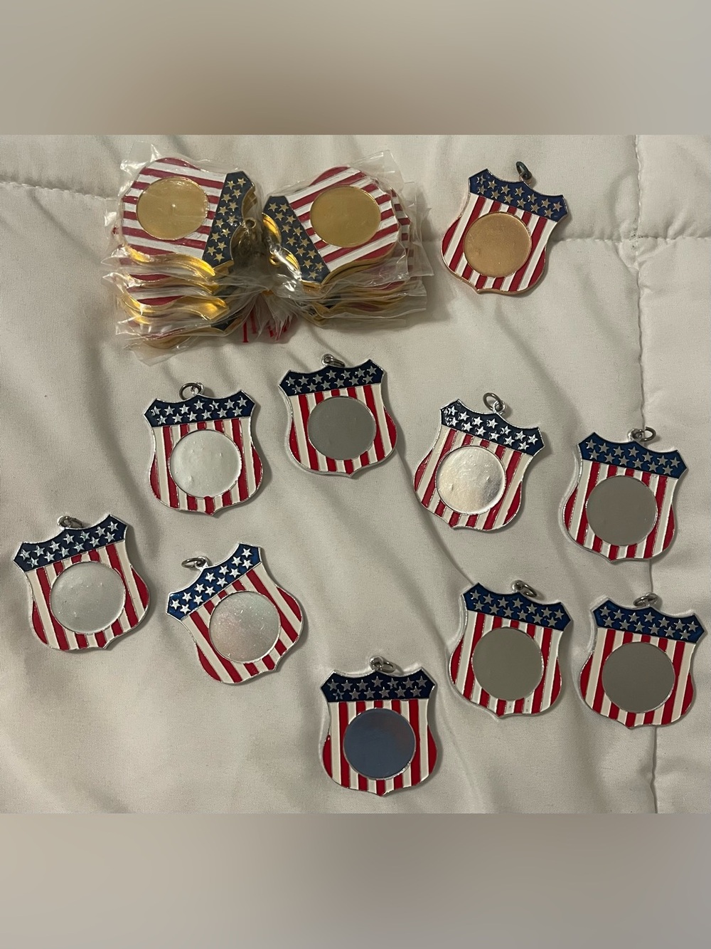 Lot of 30 Vintage Patriotic American Flag Shield Charms - 21 Gold / 9 Silver
